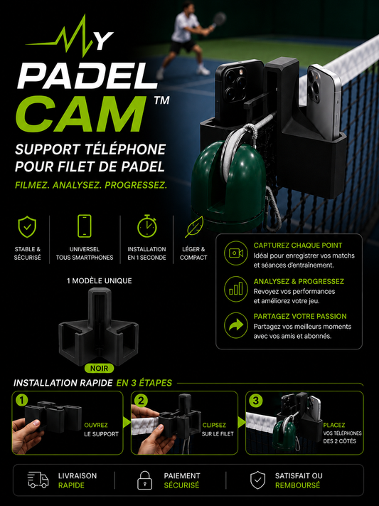 ➡️ My Padel Cam™ – Support Téléphone Premium pour Filet de Padel